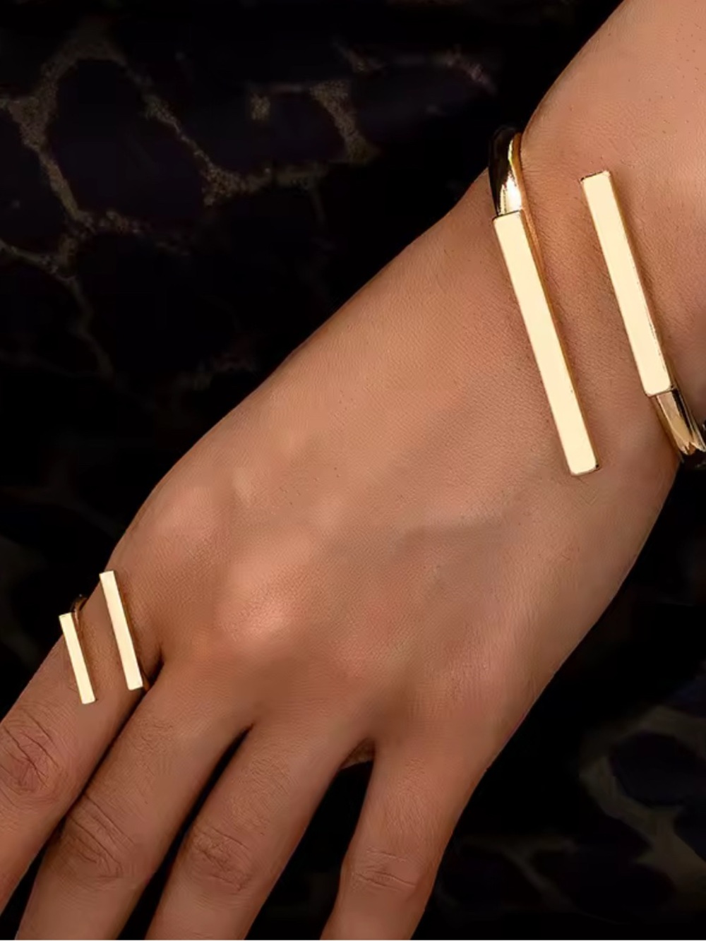 Gold Bar Open Cuff Bracelet and Ring Set - Women Jewelry